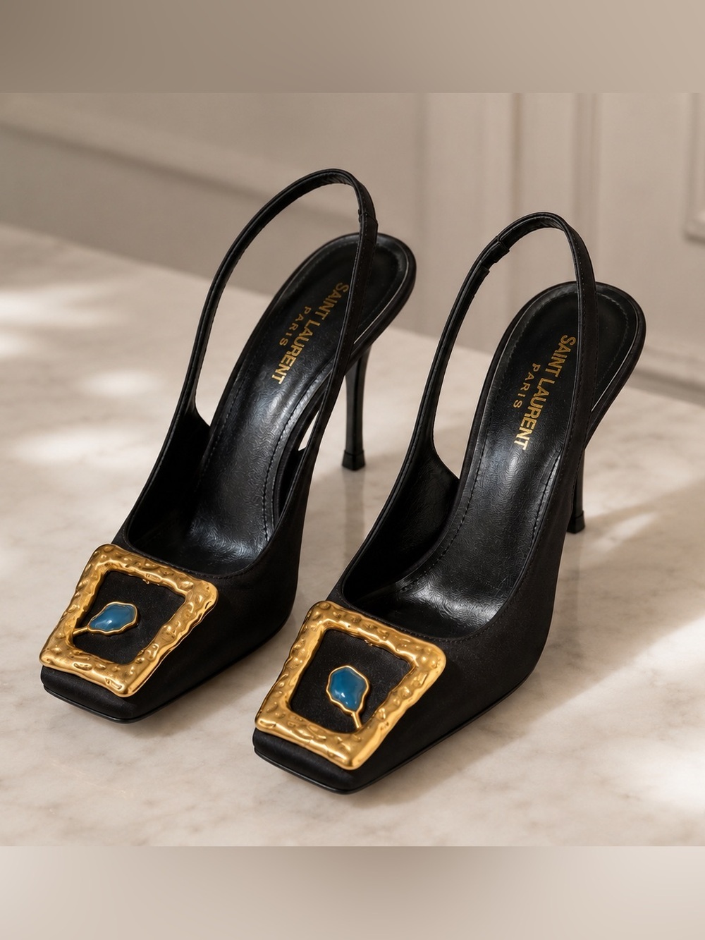 Saint Laurent Paris Maxine Black Satin Slingback Heels Gold Buckle EU 36.5